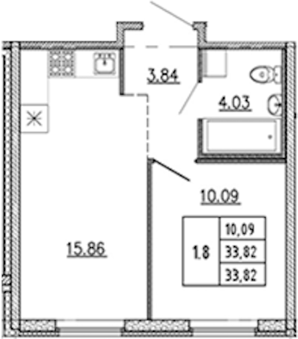 1-комнатная квартира 33.82 м², 1/22 эт., ЖК «Новые горизонты 2»